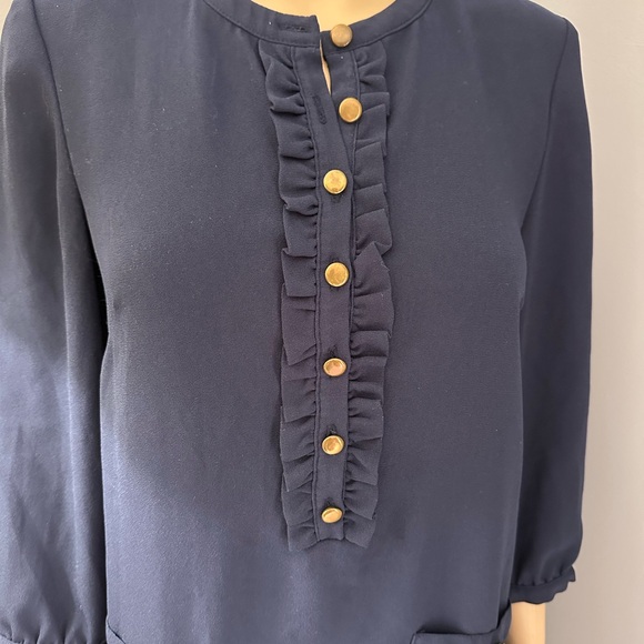 Navy Dress with Ruffle Detail and Gold Buttons - Picture 3 of 4